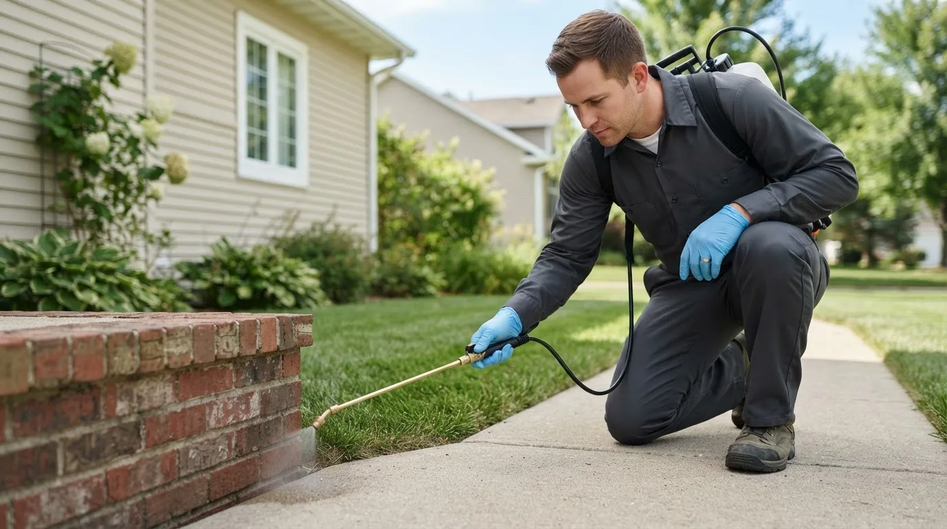 Pest control technician treating a home near Monticello, IL