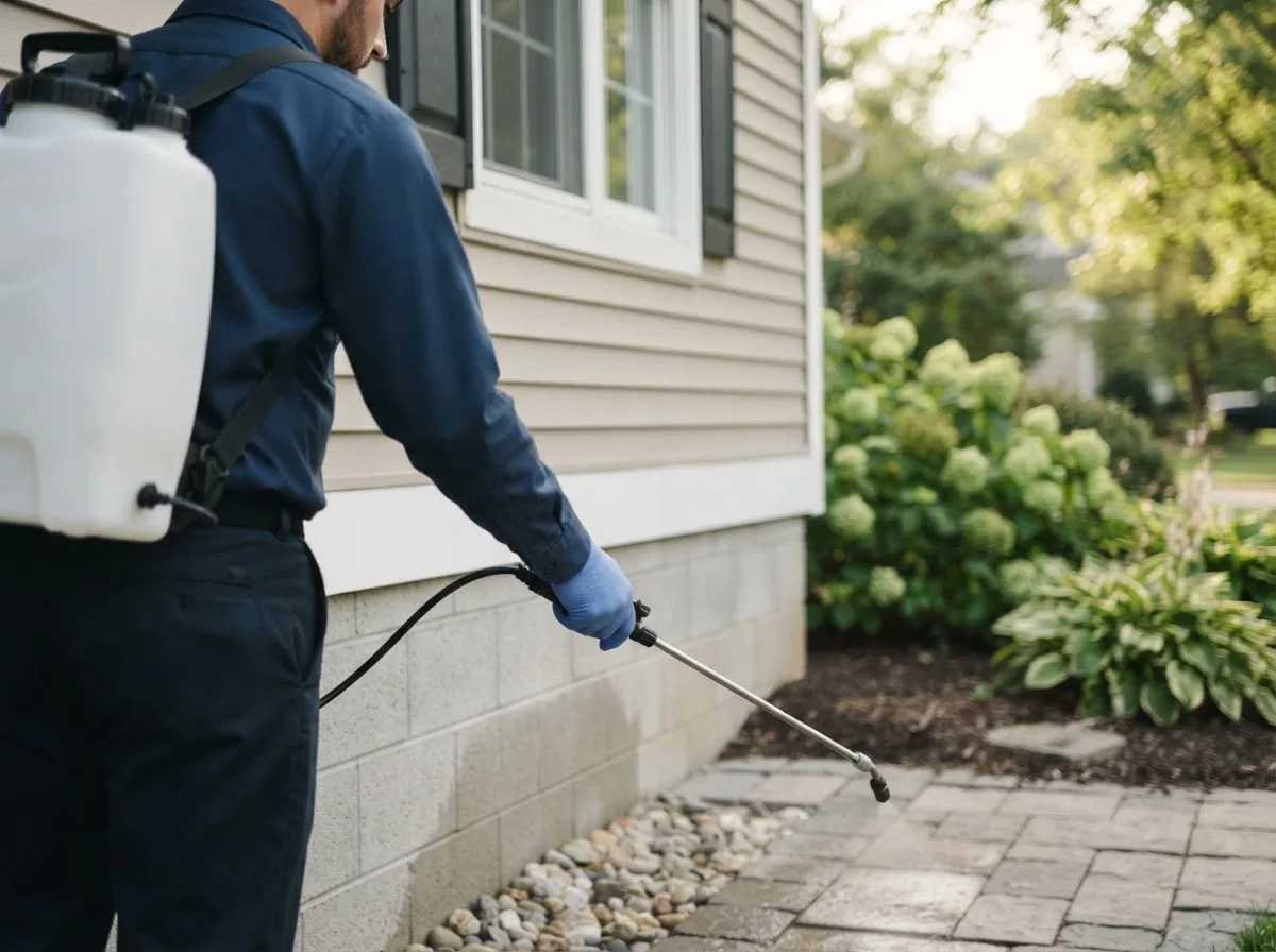 Pest control technician inspecting a home in Monticello, IL